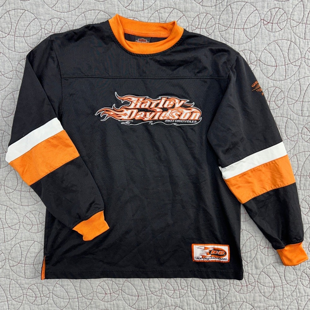 VTG Harley Davidson Jersey Black Orange Flame Striped Jersey LS /‎ Mens Large